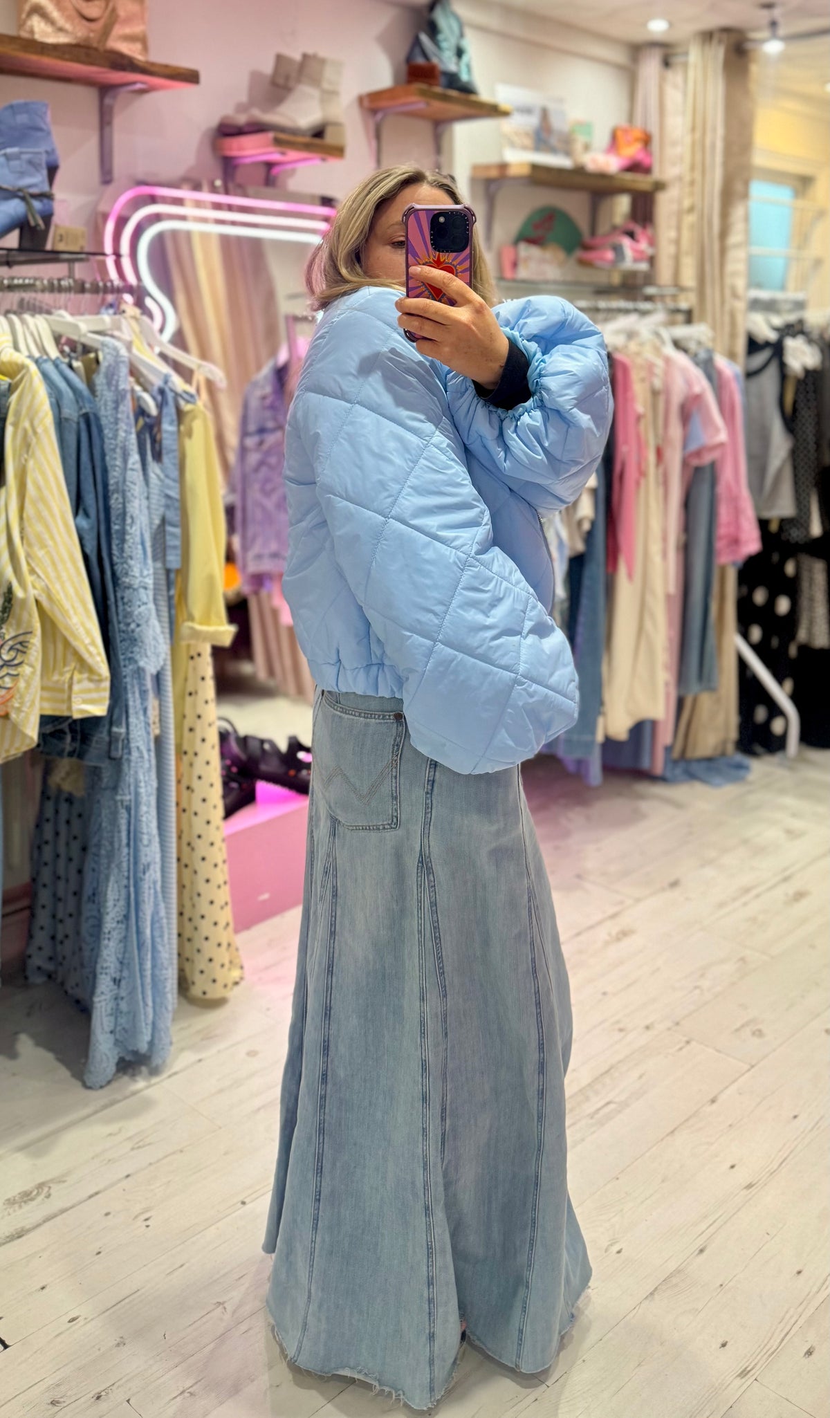 Lightweight Quilted Bomber Jacket with Balloon Sleeves | Baby Blue