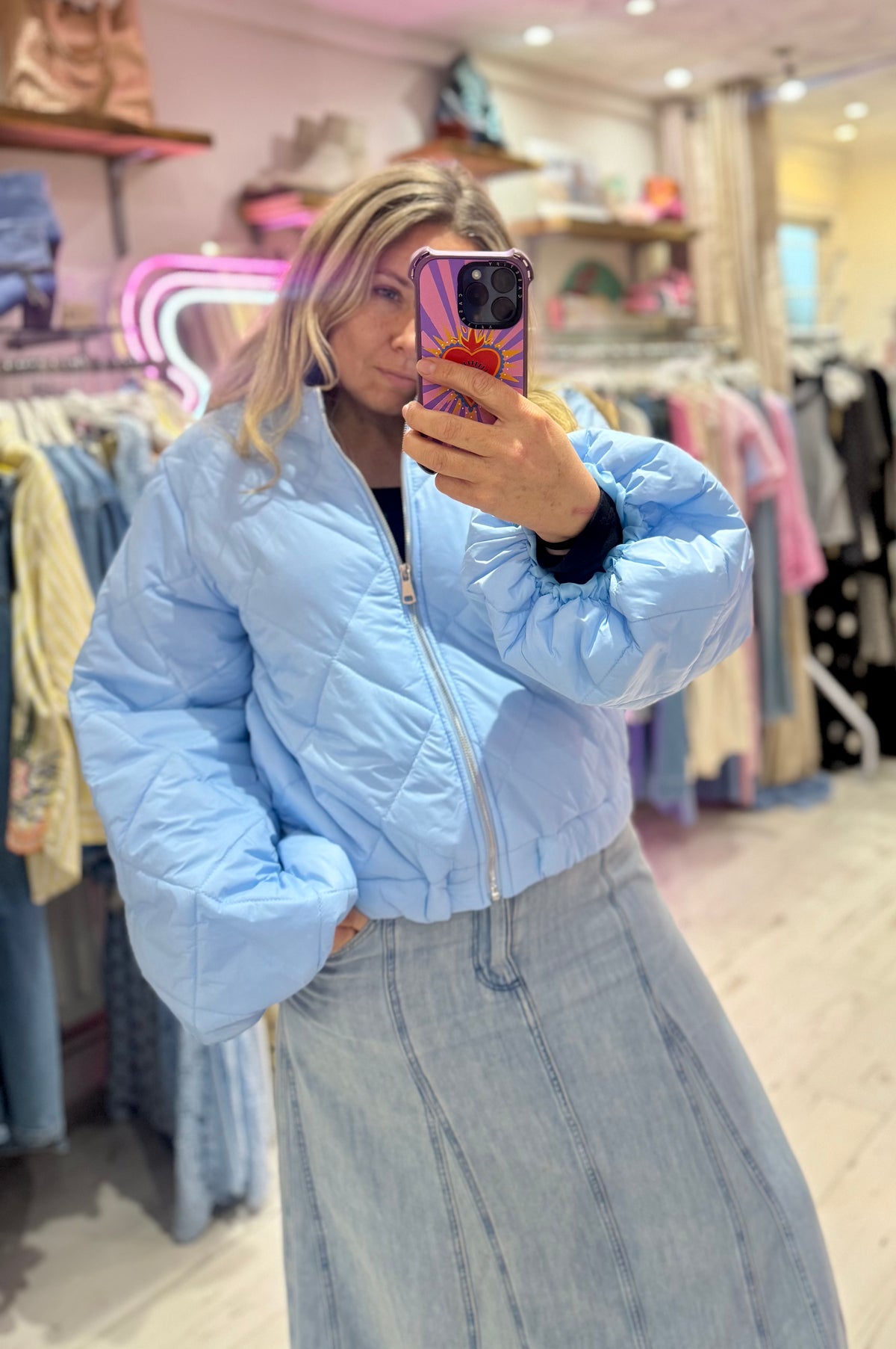 Lightweight Quilted Bomber Jacket with Balloon Sleeves | Baby Blue