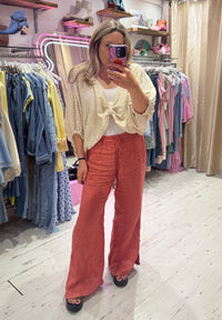 Linen Wide Leg Trousers with Ankle Split | Soft Terracotta