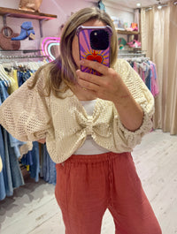 Knot Front Lightweight Crochet Sweater | Pale Cream/Gold