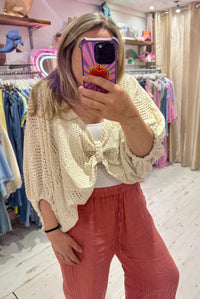 Knot Front Lightweight Crochet Sweater | Pale Cream/Gold