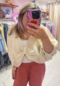 Knot Front Lightweight Crochet Sweater | Pale Cream/Gold