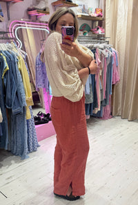 Linen Wide Leg Trousers with Ankle Split | Soft Terracotta