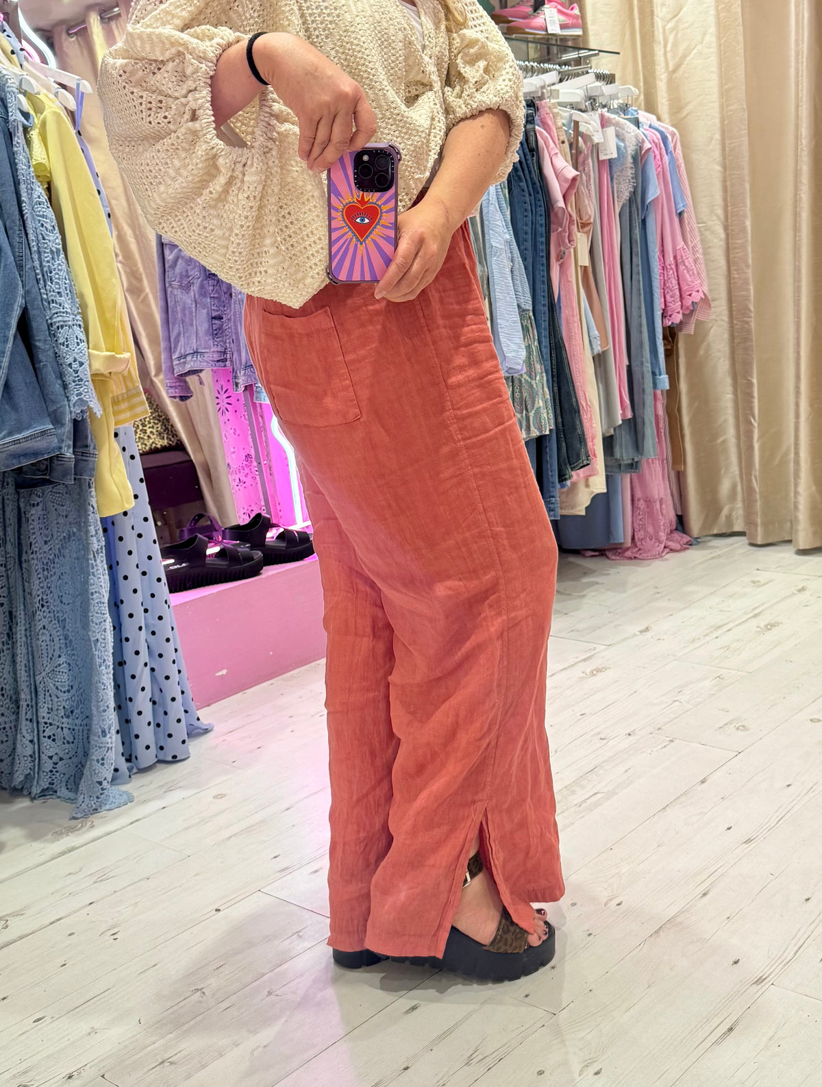 Linen Wide Leg Trousers with Ankle Split | Soft Terracotta