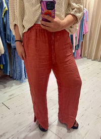 Linen Wide Leg Trousers with Ankle Split | Soft Terracotta