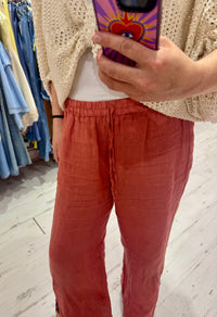 Linen Wide Leg Trousers with Ankle Split | Soft Terracotta