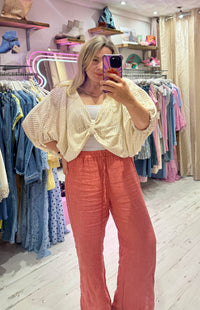 Knot Front Lightweight Crochet Sweater | Pale Cream/Gold