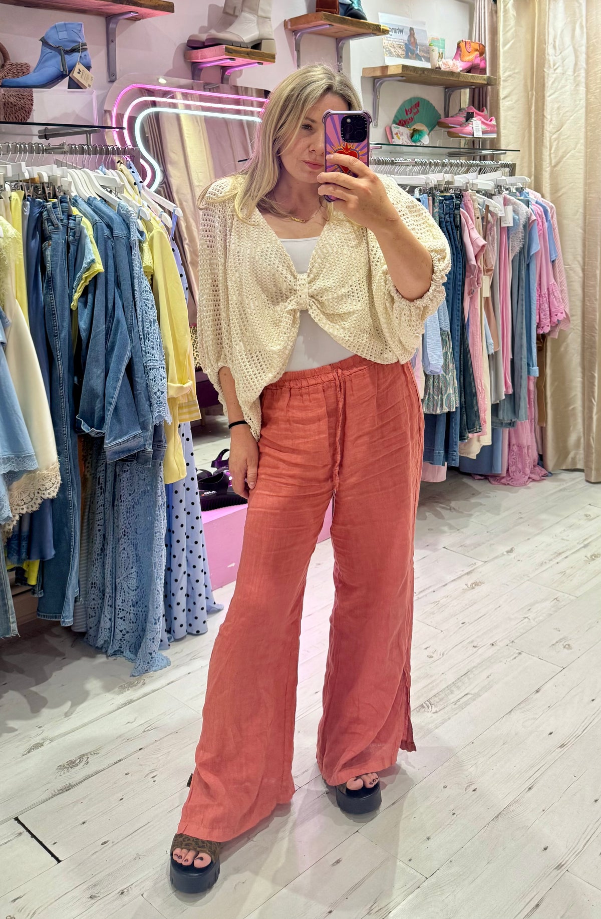 Linen Wide Leg Trousers with Ankle Split | Soft Terracotta