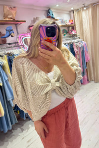 Knot Front Lightweight Crochet Sweater | Taupe/Gold