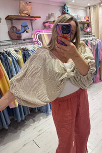 Knot Front Lightweight Crochet Sweater | Taupe/Gold