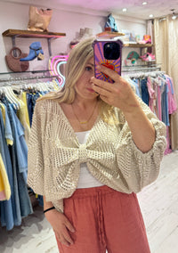 Knot Front Lightweight Crochet Sweater | Taupe/Gold