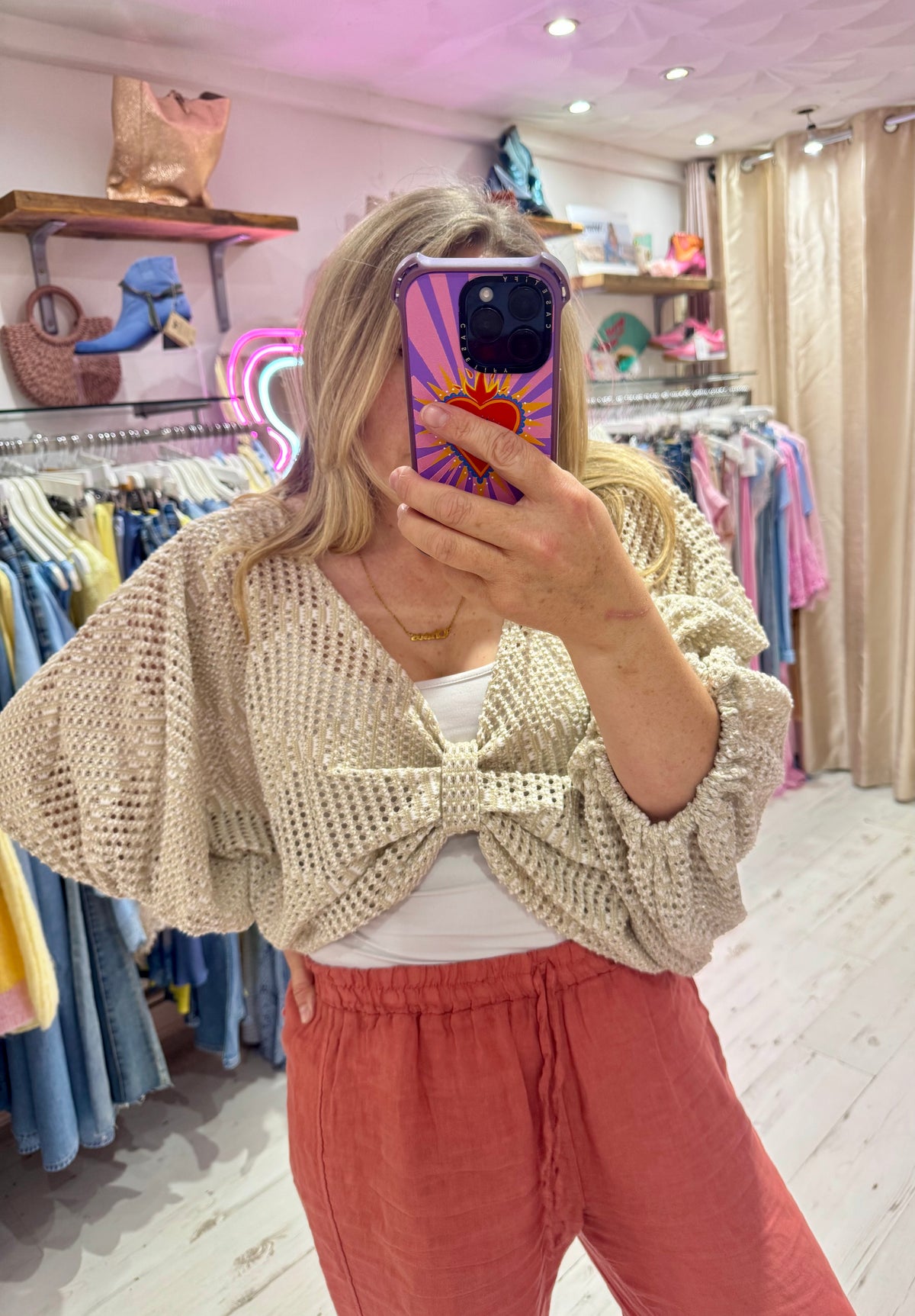 Knot Front Lightweight Crochet Sweater | Taupe/Gold