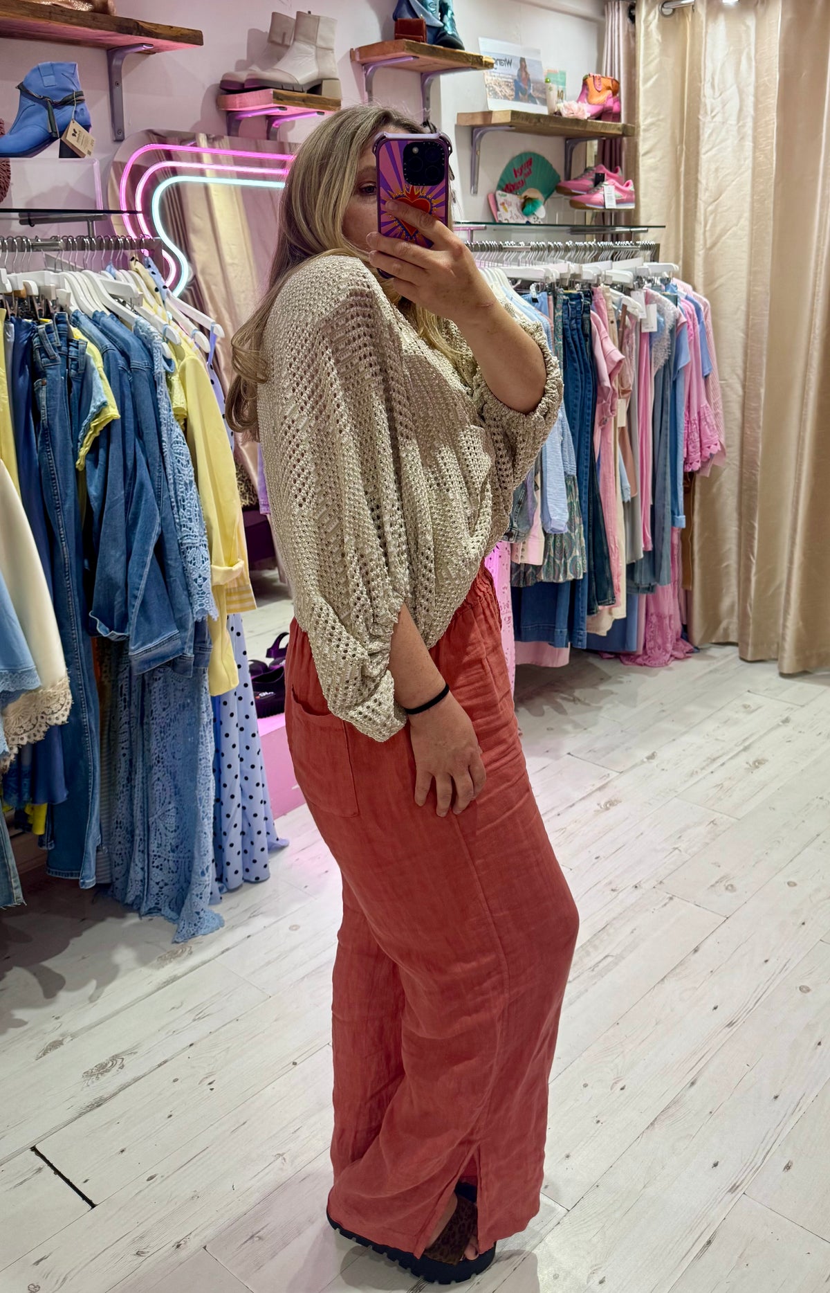 Linen Wide Leg Trousers with Ankle Split | Soft Terracotta