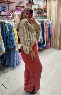 Knot Front Lightweight Crochet Sweater | Taupe/Gold