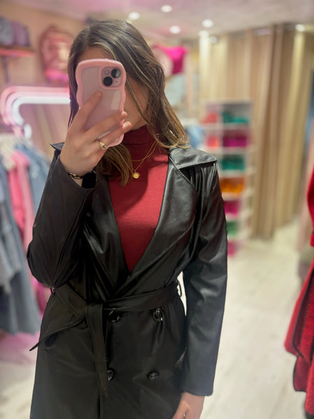 Faux Leather Trench Coat | Black