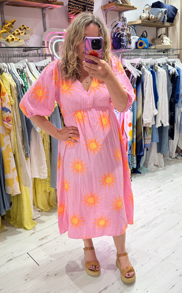 Sun Print Cotton Cheesecloth Midi Dress | Pink/Orange/Yellow