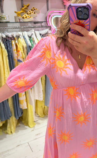 Sun Print Cotton Cheesecloth Midi Dress | Pink/Orange/Yellow