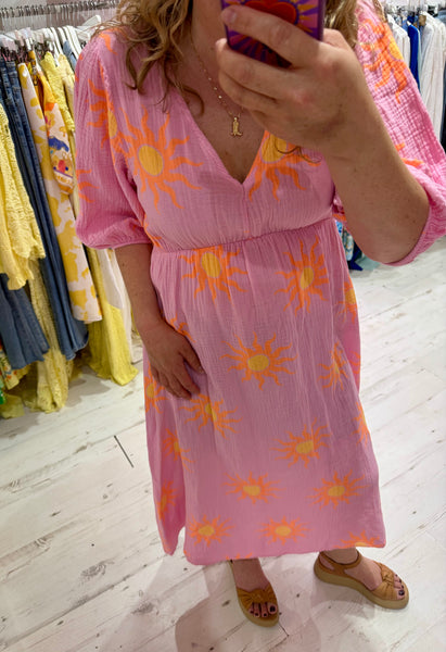 Sun Print Cotton Cheesecloth Midi Dress | Pink/Orange/Yellow