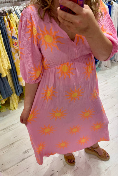 Sun Print Cotton Cheesecloth Midi Dress | Pink/Orange/Yellow