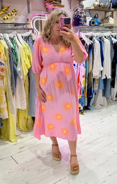 Sun Print Cotton Cheesecloth Midi Dress | Pink/Orange/Yellow