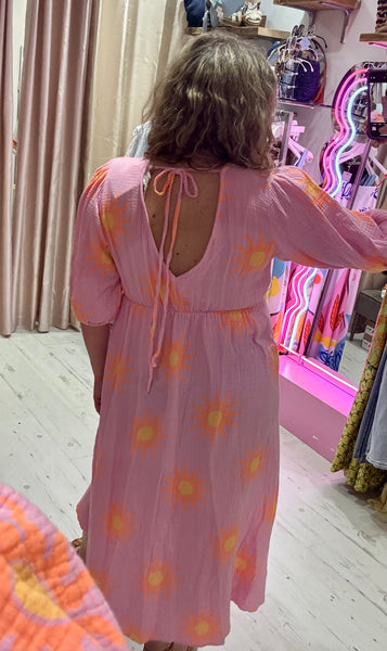 Sun Print Cotton Cheesecloth Midi Dress | Pink/Orange/Yellow