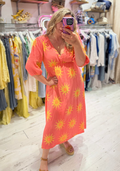 Sun Print Cotton Cheesecloth Midi Dress | Coral/Yellow