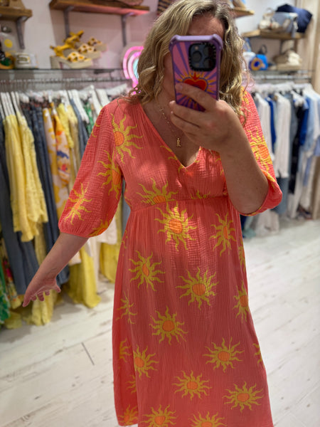 Sun Print Cotton Cheesecloth Midi Dress | Coral/Yellow