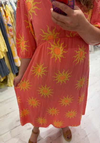 Sun Print Cotton Cheesecloth Midi Dress | Coral/Yellow