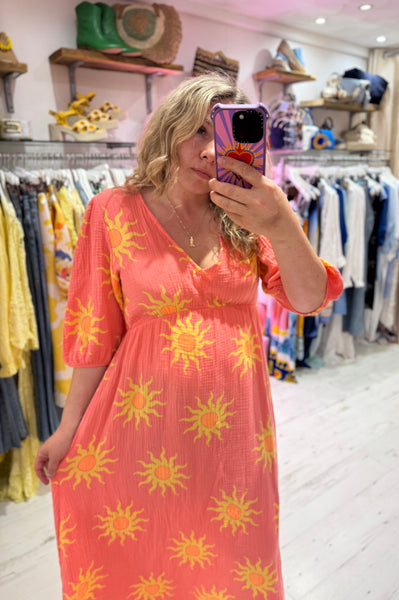 Sun Print Cotton Cheesecloth Midi Dress | Coral/Yellow
