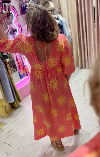 Sun Print Cotton Cheesecloth Midi Dress | Coral/Yellow
