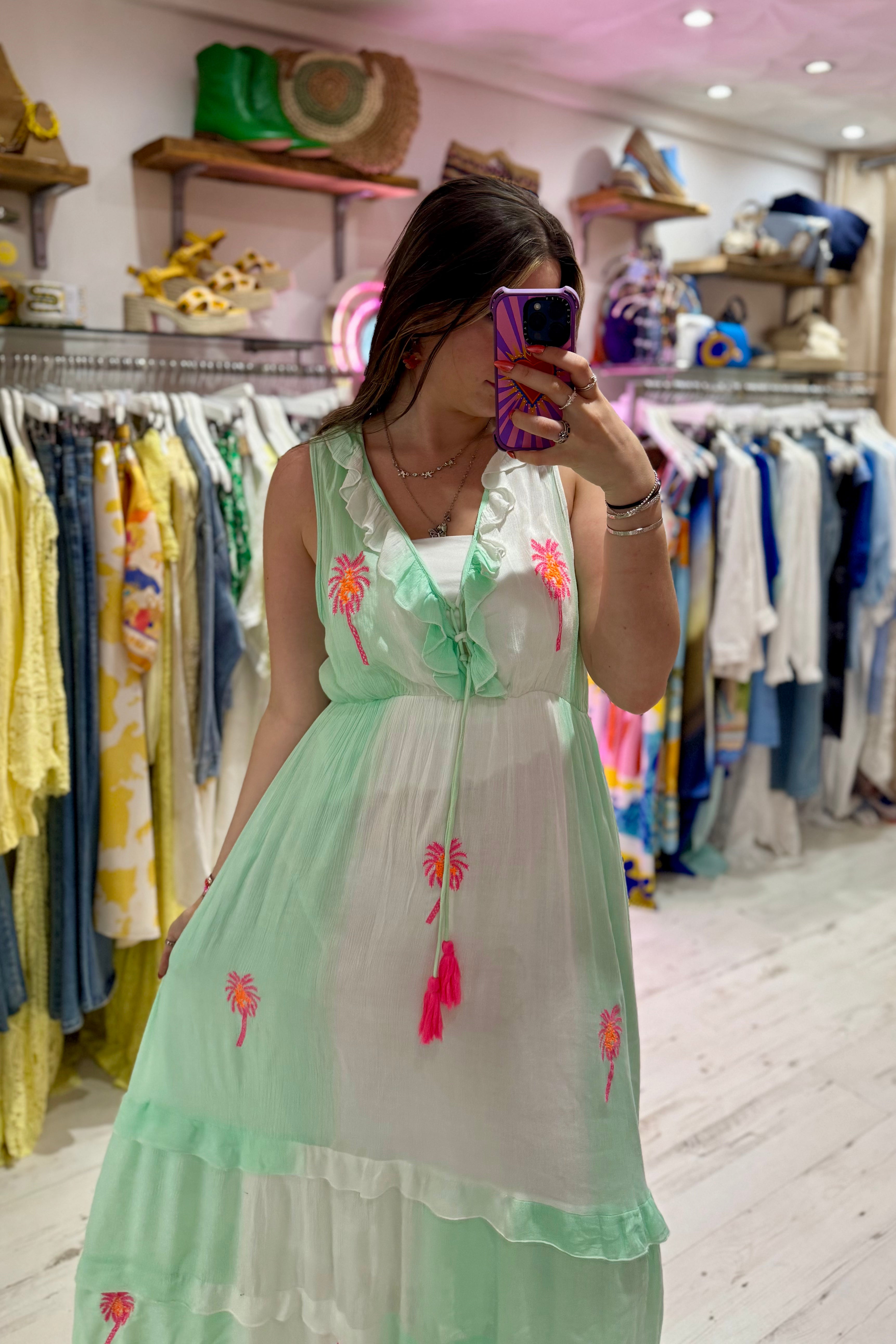 Ibiza Neon Palm Embroidered Boho Maxi Dress | Aqua/White