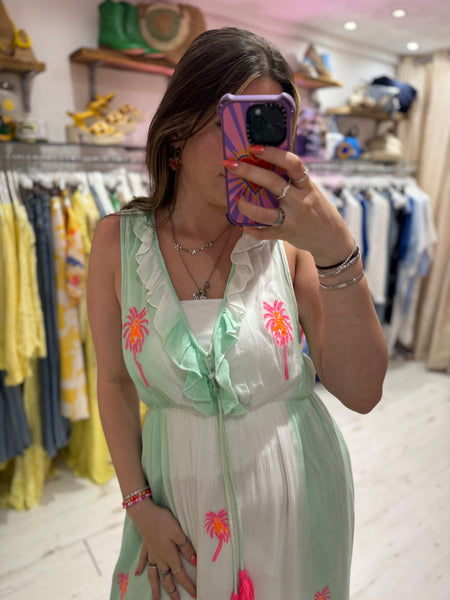 Ibiza Neon Palm Embroidered Boho Maxi Dress | Aqua/White