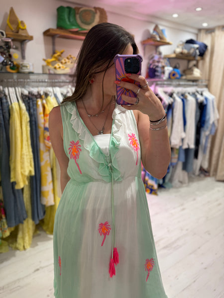 Ibiza Neon Palm Embroidered Boho Maxi Dress | Aqua/White