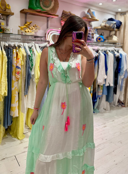 Ibiza Neon Palm Embroidered Boho Maxi Dress | Aqua/White