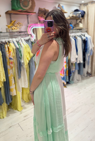 Ibiza Neon Palm Embroidered Boho Maxi Dress | Aqua/White