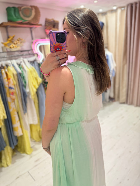 Ibiza Neon Palm Embroidered Boho Maxi Dress | Aqua/White