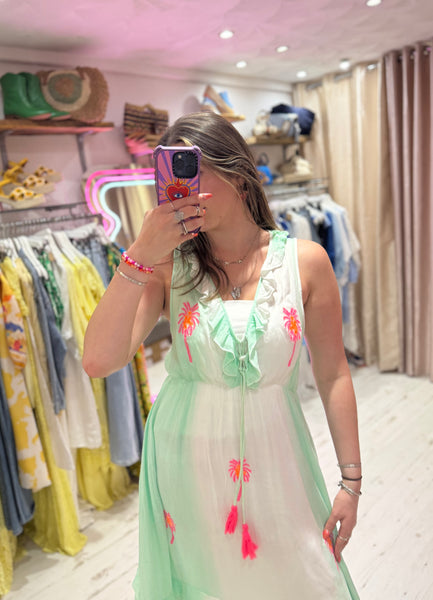 Ibiza Neon Palm Embroidered Boho Maxi Dress | Aqua/White