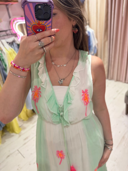 Ibiza Neon Palm Embroidered Boho Maxi Dress | Aqua/White