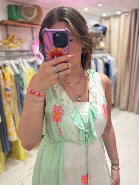 Ibiza Neon Palm Embroidered Boho Maxi Dress | Aqua/White