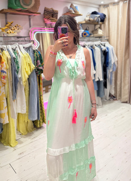 Ibiza Neon Palm Embroidered Boho Maxi Dress | Aqua/White