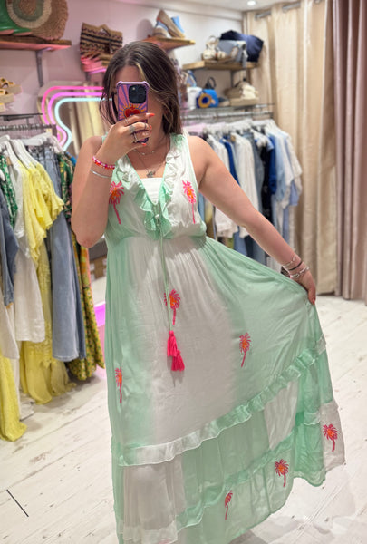 Ibiza Neon Palm Embroidered Boho Maxi Dress | Aqua/White