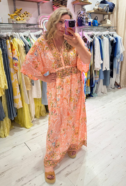Silk Kimono Sleeve Maxi Dress | Peach Multi