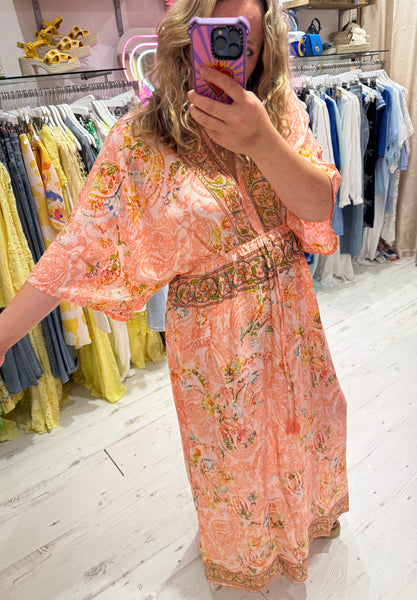 Silk Kimono Sleeve Maxi Dress | Peach Multi