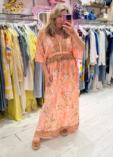Silk Kimono Sleeve Maxi Dress | Peach Multi