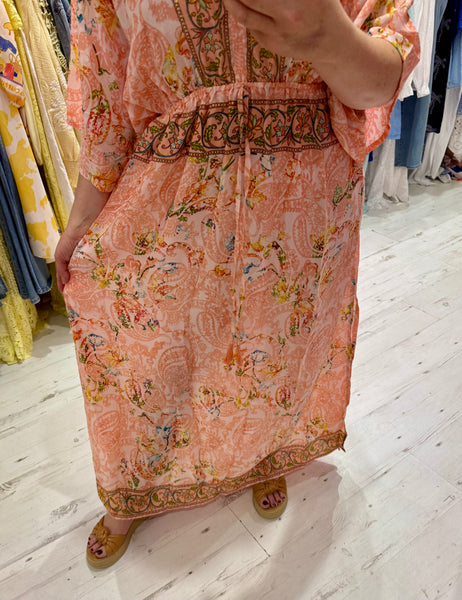 Silk Kimono Sleeve Maxi Dress | Peach Multi