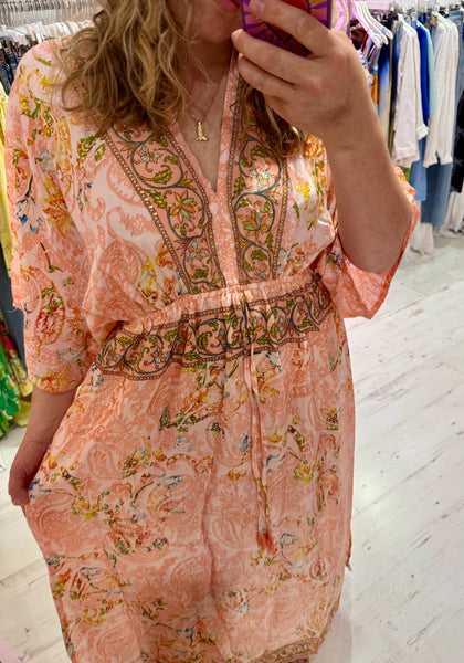 Silk Kimono Sleeve Maxi Dress | Peach Multi