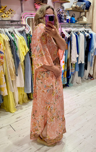 Silk Kimono Sleeve Maxi Dress | Peach Multi