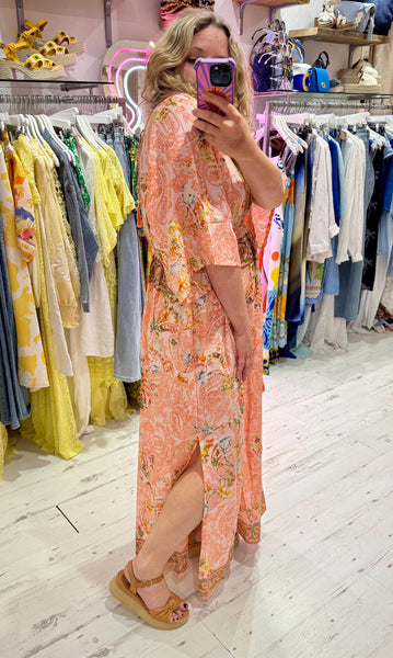 Silk Kimono Sleeve Maxi Dress | Peach Multi
