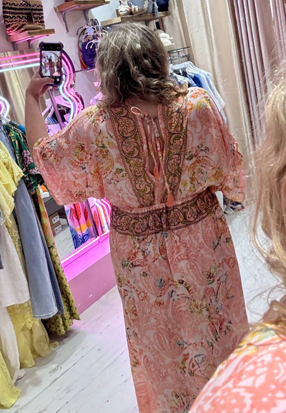 Silk Kimono Sleeve Maxi Dress | Peach Multi