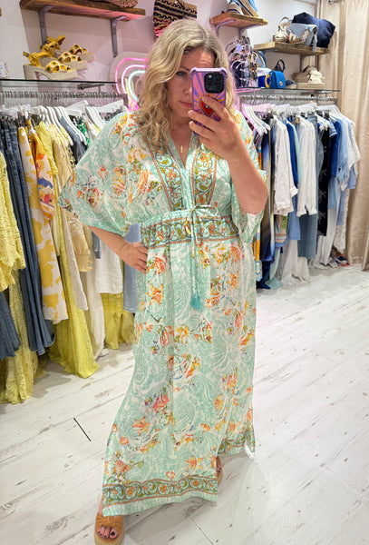 Silk Kimono Sleeve Maxi Dress | Aqua Multi